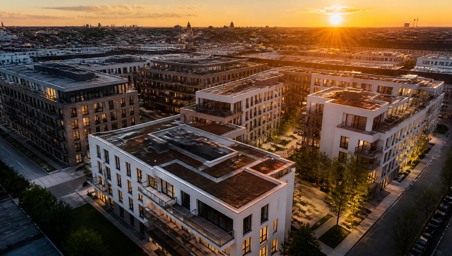 Vista aérea de um complexo residencial moderno ao pôr do sol